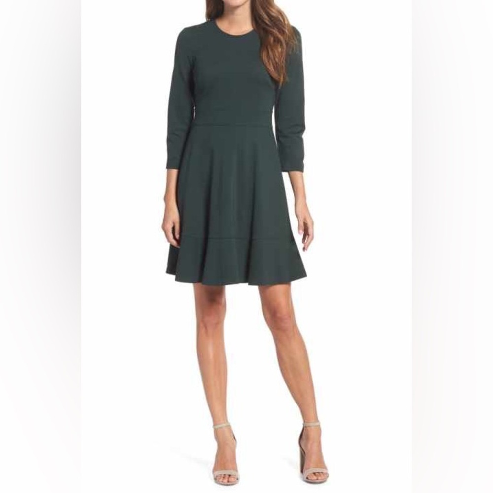 Eliza J Emerald or Forest Green Fit n Flare ruffle Hem Dress